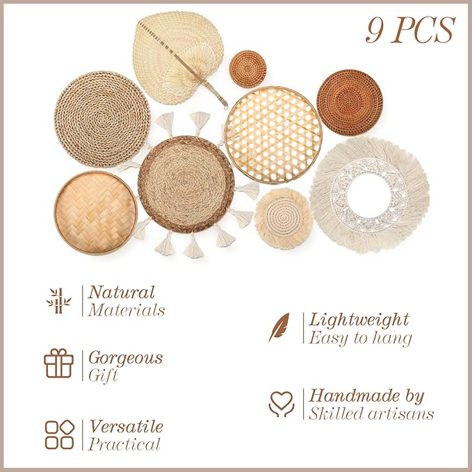 Set of 9 Wall Basket Decor Boho Wall Hanging Decor Rattan Wall Decor Flat Round Wicker Woven Macrame Tassels Tapestry Bamboo Wall Basket Serving Tray Art Handmade Set for Room Bedroom Living Room