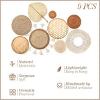 Set of 9 Wall Basket Decor Boho Wall Hanging Decor Rattan Wall Decor Flat Round Wicker Woven Macrame Tassels Tapestry Bamboo Wall Basket Serving Tray Art Handmade Set for Room Bedroom Living Room