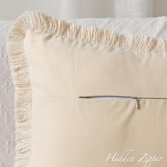 Kevin Textile 14x36 Inch Long Lumbar Pillow Cover 1 Pack Boho Fringe Decorative Rectangle Cushion Case with Tassels Neutral Cotton Woven Textured Farmhouse for Living Room Couch Sofa Bed, Beige