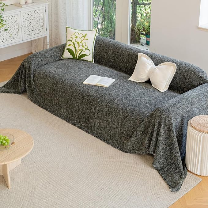 ROOMLIFE Gray Couch Cover Boho Sofa Covers for 3 Cushion Couch Washable, Furniture Protector Sofa Couch Cover for Dogs, Soft Chenille Sofa Slipcover, Couch Throw Blankets with Tassels 71 '' X 134''