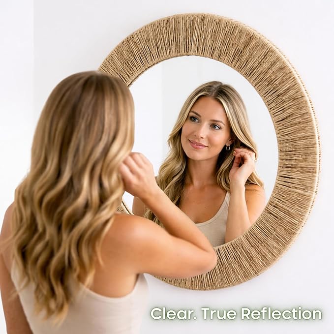 24 Inch Natural Jute Mirror, Wall Mounted Round Mirror with Metal Frame, Wall Decor Rustic Farmhouse Boho Decor Accent for Bathroom, Bedroom, Living Room, or Entryway