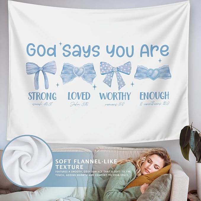 LIANGW Preppy Blue Bow Christian Tapestry, God Says You Are Inspirational Scripture Wall Art, Bible Bow Aesthetic for Girls Bedroom for Dorm Room, Based Blue Room Decor Aesthetic 50x60 inch