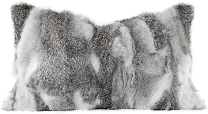 MOOX Rabbit Fur Throw Pillow Covers Decorative Fluffy Soft Fuzzy Plush Luxury Genuine Animal Skin Lumbar Pillow 12"x20" Cushion Cover, Couch-Grey White