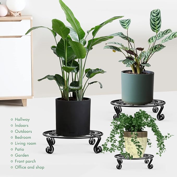 Yimobra 4 Pack Plant Stand for Flower Pot Heavy Duty Potted Holder Indoor Outdoor Metal Rustproof Iron Garden Container Round Supports Rack for Planter (4PC Black 9.4 x 2 IN)