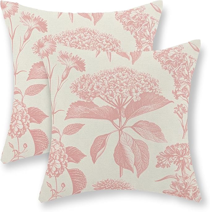 Pink Pillow Covers 18x18 Set of 2 Boho Floral Throw Pillow Cover Hydrangea Herbs Botanical Decoration Pillowcase Farmhouse Vintage Flower Linen Cushion Case Outdoor Decorative for Couch Sofa