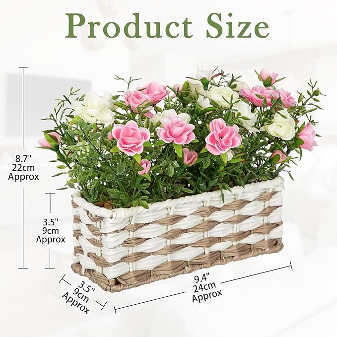 Artificial Rose Flowers with Woven Basket, Faux Roses in Fake Rattan Planter for Table Centerpiece, Romantic Floral Arrangement for Home Bedroom Spring Wedding Sweet Decor, Cream White & Soft Pink