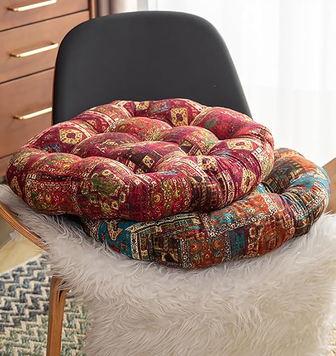 Round Bohemian Floor Pillow, Meditation Floor Seat Cushion, Large Soft Cotton Linen Pillows for Yoga Living Room Balcony Outdoor Tatami, 22x22 Inches (Blueflower Round)