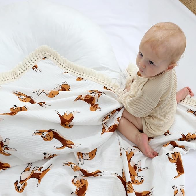 insular Cotton Muslin Baby Blanket with Tassel, Boho Bohemian Muslin Swaddle Blanket Baby Receiving Blanket with Fringe, Nursery Decor Throw or Nursing Blankets, 47" x40”, Labrador