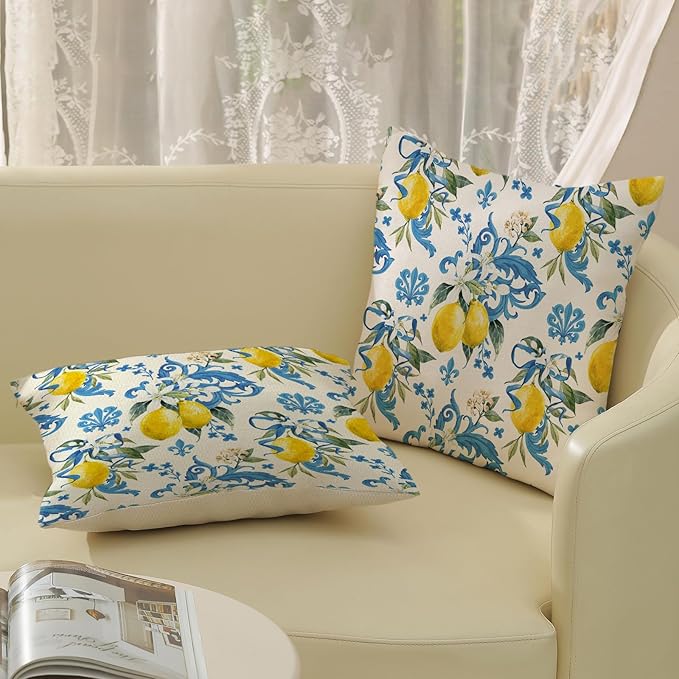 Summer Pillow Covers 18x18 Inch Set of 2 Blue Lemon Pillow Covers Seasonal Summer Outdoor Decorative Pillow Cases Linen Farmhouse Floral Cushion Covers Decor for Couch Living Room Bedroom
