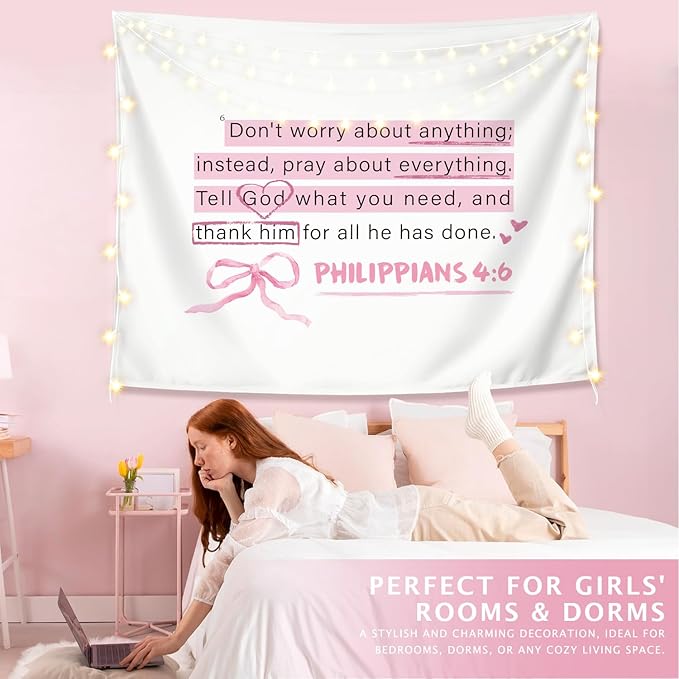 LIANGW Cute Pink Christian Tapestry Aesthetic for Bedroom, Dorm Decor for College Girls,Coquette Preppy Room Decor for Teen Girls & Women, Bible Verses Tapestries Wall Hanging 50x60 inche