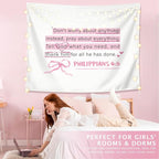 LIANGW Cute Pink Christian Tapestry Aesthetic for Bedroom, Dorm Decor for College Girls,Coquette Preppy Room Decor for Teen Girls & Women, Bible Verses Tapestries Wall Hanging 50x60 inche