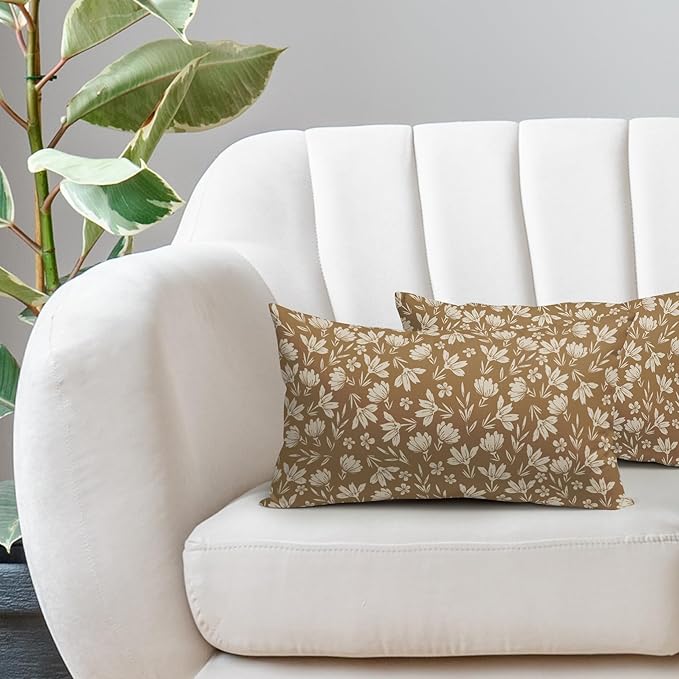 Brown Pillow Covers 12x20 Set of 2 Vintage Floral Rustic Old Style Cute Flower Print Rectangle Decorative Outdoor Pillowcases Seasonal Farmhouse Throw Cushion Case Couch Sofa Bed Decor