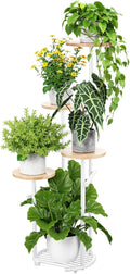TOSKING 5-Tier Thickened Metal Plant Stand, Anti-Tip Round Base for Pots, Child & Pet Friendly, Corner Shelf Flower Pot for Multiple Plants, Indoor Outdoor Use for Living Room Balcony Patio Garden (White and Wood, 42in)