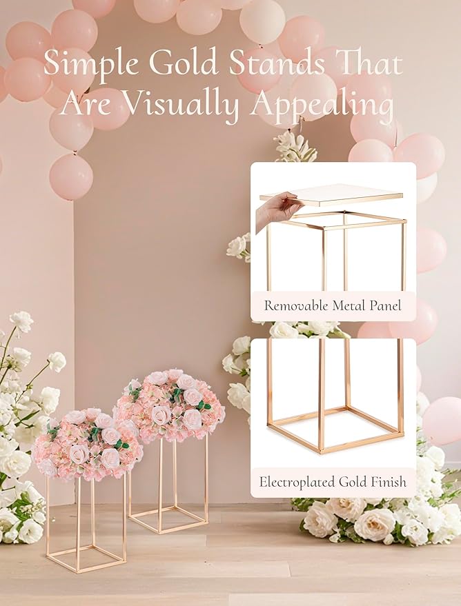 Gold Metal Cube Vase Stand for Wedding Centerpieces, 15.75in Tall, 2 Pcs