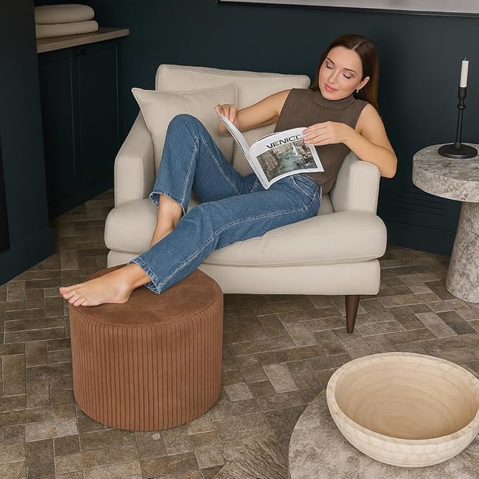 Round Pouf Ottoman and Foot Rest, Soft Corduroy Poufs with Sponge Chunk Filling, Comfort Sponge Stuffed Poofs for Couch Desk Resting Your Feet, Brown(17.1" D x 17.1" W x 14" H)