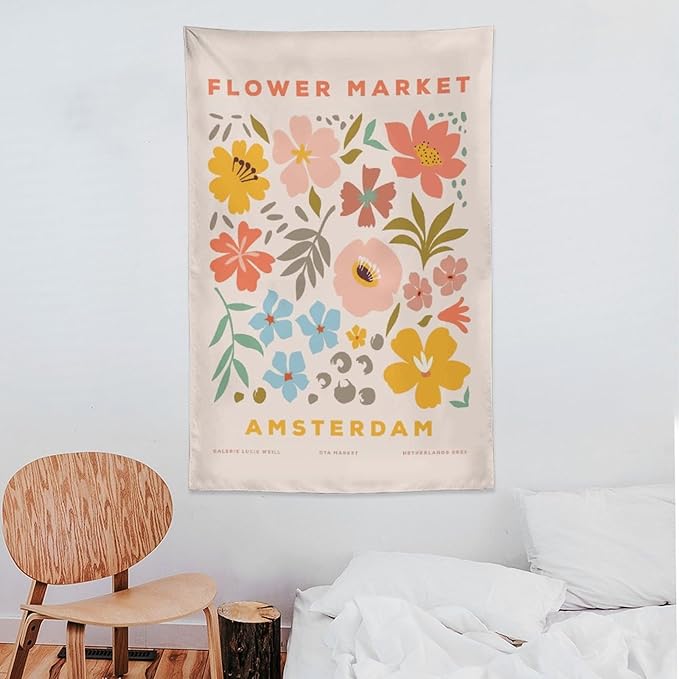Chordity Danish Pastel Botanical Flower Market Aesthetic Floral Plants Tapestries Wall Hanging Tapestry Decorative Flag For Home Decor Living Room College Dorm Bedroom Banner Poster 40 * 60 Inch
