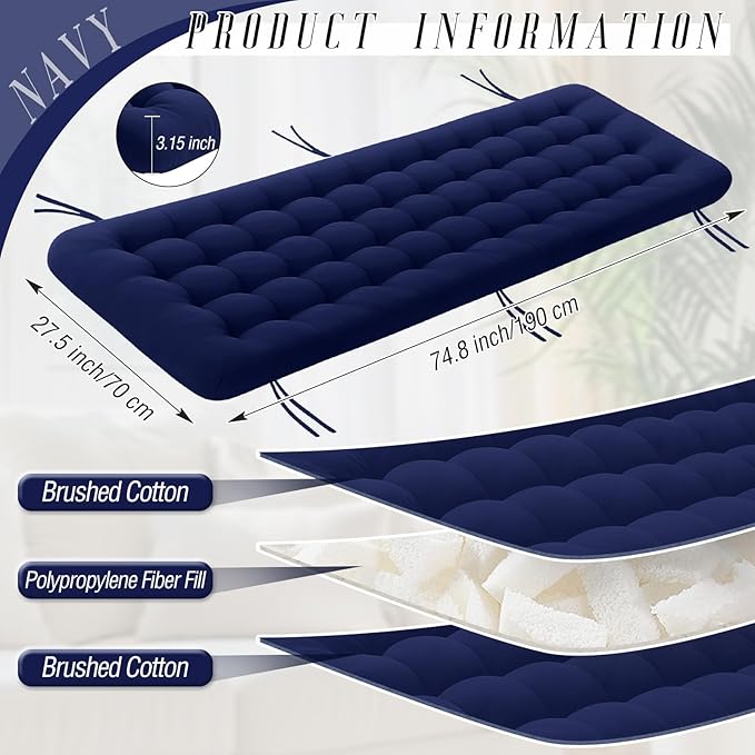 Long Floor Cushion Large Floor Cushion with Brushed Cotton 74.8 x 27.5 x 3.15 in Jumbo Lounger Pillow for Outdoor Indoor Bay Window Meditation Yoga Reading Sleeping(1 Pc,Navy Blue)