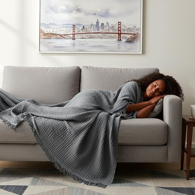 KyraHome 100% Cotton Throw Blanket for Couch, 60"x80" Large Muslin Blankets for Adults, Toddler, Plant-Dyed, Breathable Cozy Lightweight Fall Blanket, Picnic, Travel, All Season, Dark Grey