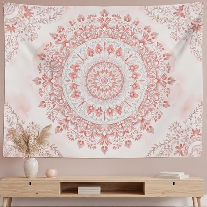 Accnicc Pink Floral Mandala Tapestry Wall Hanging Boho Medallion Tapestry Aesthetic Watercolor Flower Cute Small Tapestries for Bedroom Living Room Dorm Decor 48 x 36 Inch