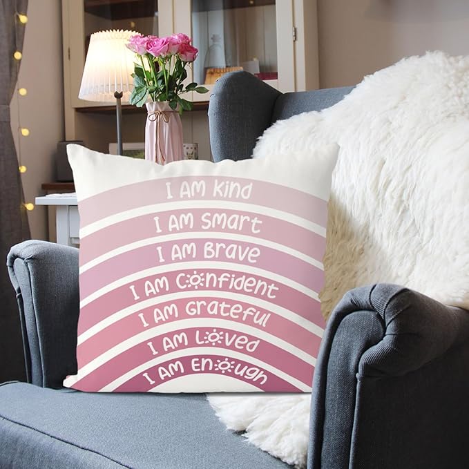 QIYUHOY Boho Rainbow Classroom Throw Pillow Covers, Book Center Calming Corner Playroom Decor Pillow Case, Pink Pillow Cover, I Am Kind Smart Brave Confidence 20x20 Inch Pillowcase(Pink)