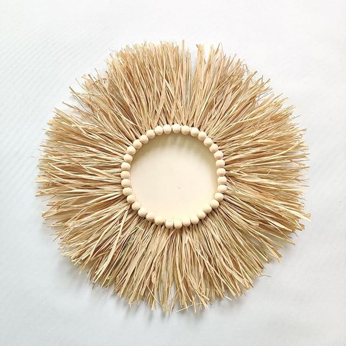 Boho Wall Mirror Decor - Raffia Straw Mirror Decor Round Handmade Wall Art for Children Room Decor Living Rooms Bedrooms Display Table Settings Home Kitchen 18in (Mirror)