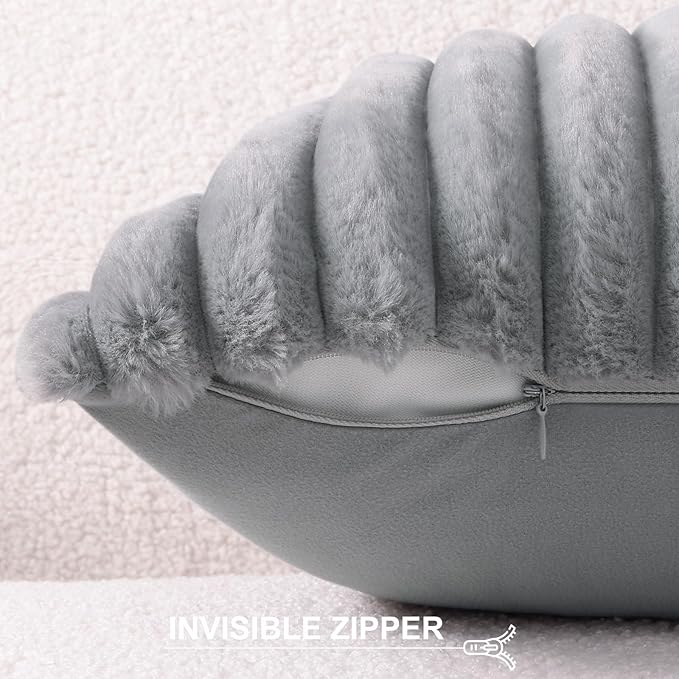 Pallene Faux Fur Plush Throw Pillow Covers 20x20 Set of 2, Luxury Soft Fluffy Striped Decorative Pillow Covers for Sofa, Couch, Living Room, Grey