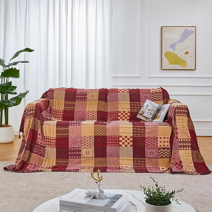 amorus Bohemian Throw Blanket (Red Plaid, 86 x 102 in)