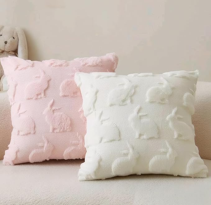 2 Pcs Tufted Easter Pillow Covers 18'' Pink White Rabbit Throw Pillow Cases 3D Soft Plush Faux Fur Wool Couch Cushion Case for Chair Sofa Bedroom Living Room Home Easter Decor