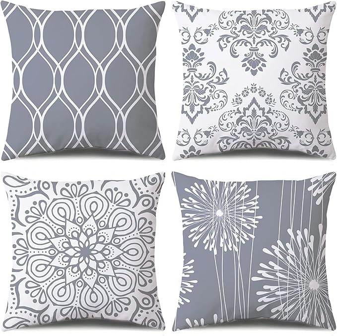 Coliuso Decorative Throw Pillow Covers 16x16 Set of 4, Gray and White Modern Simple Square Pillow Case Cushion Cover for Sofa Couch Farmhouse Outdoor Living Room (Gray and White, 16"x16")