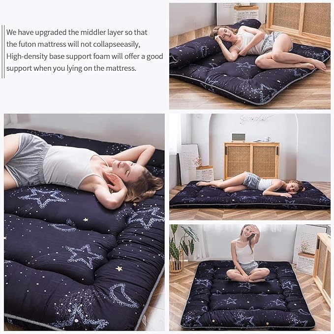 MAXYOYO Japanese Futon Mattress Floor Mattress Sleeping Pad Foldable Bed Roll Up Camping Cushion Floor Lounger Bed Couches and Sofas Couch Topper, Moon and Star, Twin Size