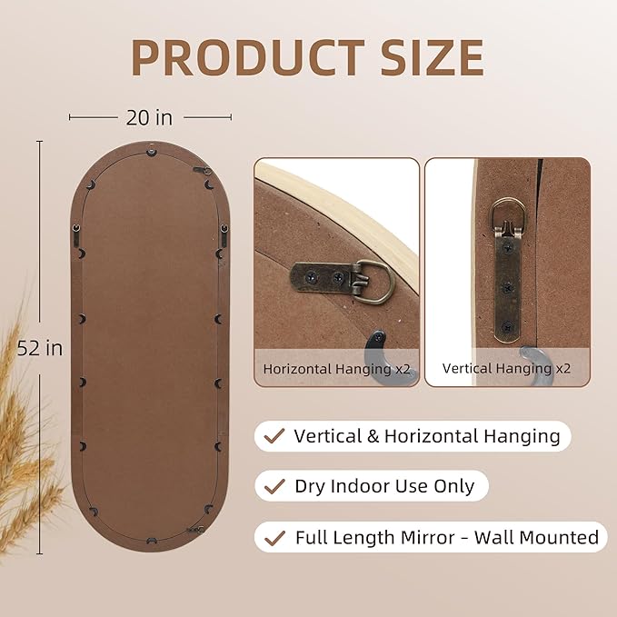 20" x 52" Oval Full Length Wall Mounted Mirror, Handwoven Natural Bamboo Frame (Warm Tone), Boho Coastal Mirror for Entryway, Bedroom, Dressing Room, Vertical & Horizontal Hanging