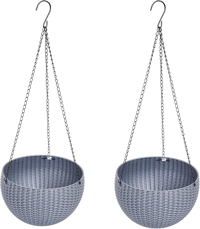 Hanging Basket Plastic Flower Pot Round Resin Garden Hanging Planter for Indoor Outdoor Plants 2 Pack Grey