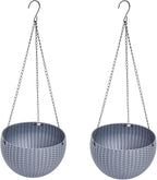 Hanging Basket Plastic Flower Pot Round Resin Garden Hanging Planter for Indoor Outdoor Plants 2 Pack Grey