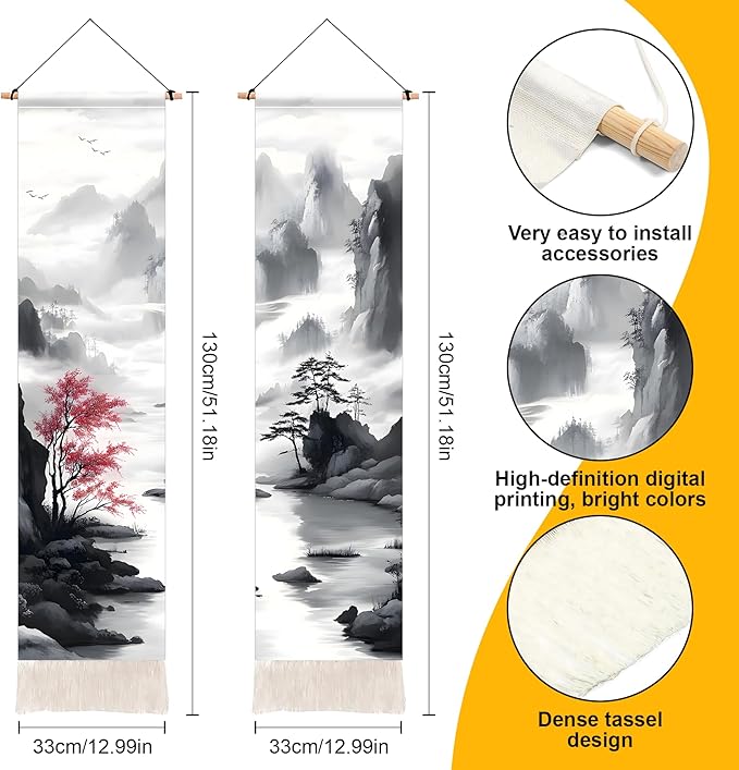 AOHMPT Pack of 2 Long Vertical Tapestry,Nature Landscape Tapestry with Serene Mountain River, Moon & Sun Motifs,Traditional Ink Painting Wall Art,Zen Aesthetic Wall Hanging for Living Room Bedroom Decor 13" W x 51" H"