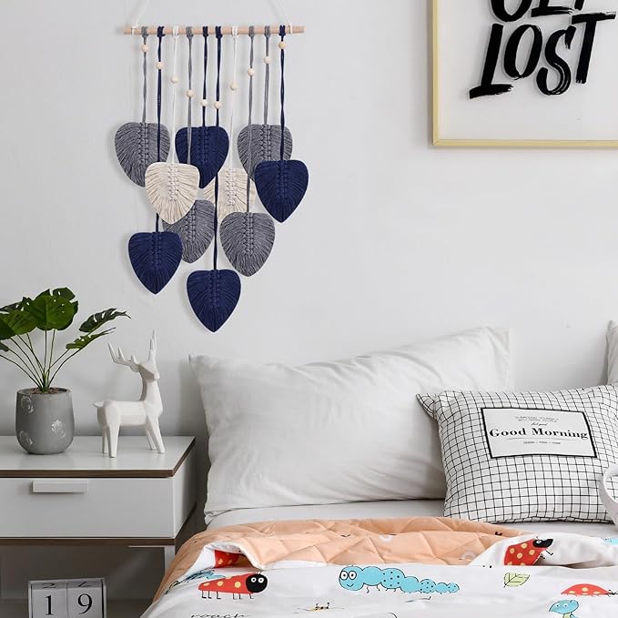 Macrame Wall Hanging Decor Leaves Tapestry, Boho Wall Decor Woven Feather Handmade Yarn Tassels Macrame Wooden Hanging Decorations for Office,Living, Bedroom, Nursery,Apartment Room,16x26 Inch(Blue)