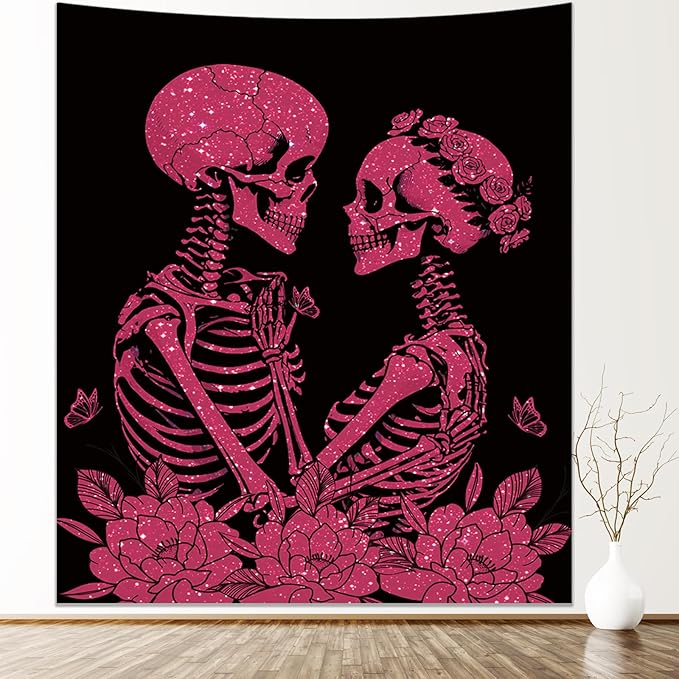 KJHL The Lovers Skull Tapestry Wall Hanging 59ʺ x 51ʺ Pink Halloween Gothic Vertical Skeleton Tapestries Aesthetic for Bedroom Living Room Decor