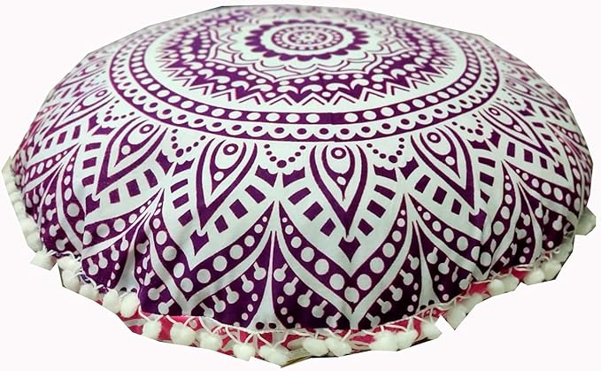 INDIAN CRAFT CASTLE 24" Pink Ombre Mandala Barmeri Large Floor Pillow Cover Cushion Meditation Seating Ottoman Throw Cover Hippie Decorative Zipped Bohemian Pouf Ottoman Pom Pom Cases 24" Round