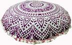 INDIAN CRAFT CASTLE 24" Pink Ombre Mandala Barmeri Large Floor Pillow Cover Cushion Meditation Seating Ottoman Throw Cover Hippie Decorative Zipped Bohemian Pouf Ottoman Pom Pom Cases 24" Round