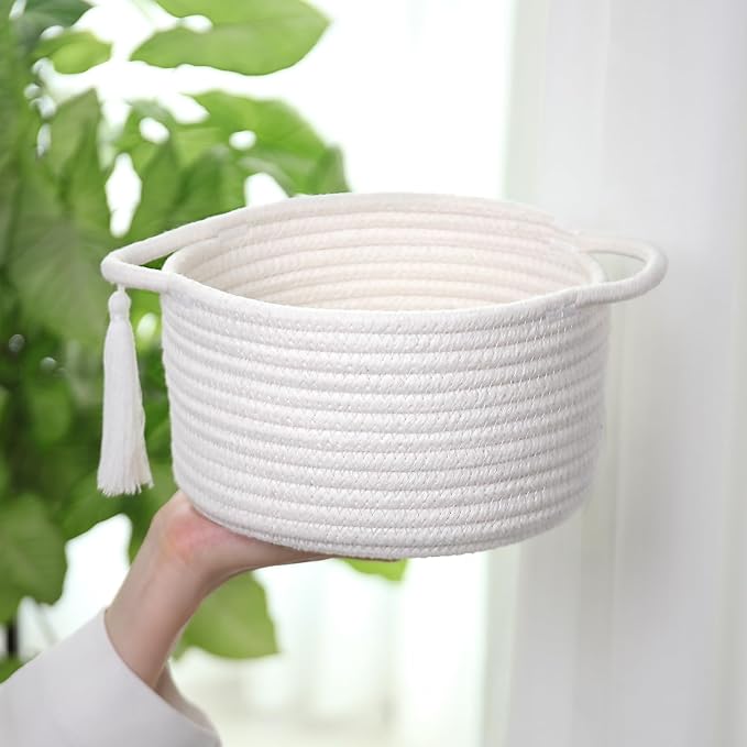 Small White Gift Basket Empty to Fill – SweetMemo Cute Decorative Woven Baskets with cellophane wrap for Kids, Baby Shower, Desk, Bathroom, Holiday Gifting – Mini Decor Cotton Rope Bin with Handles