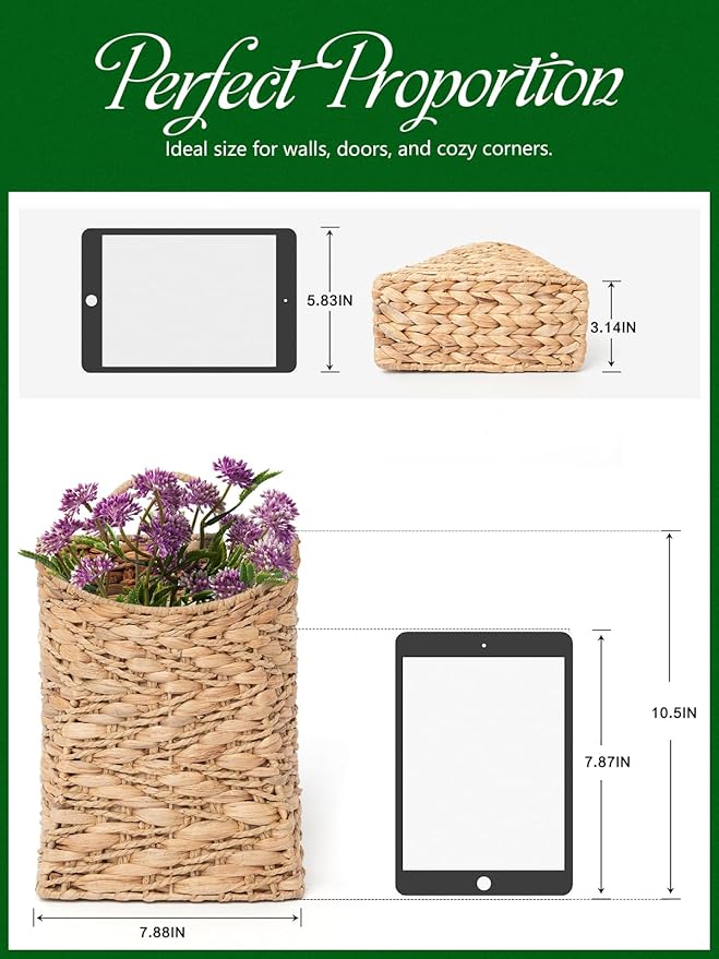 VerdantVibes Handwoven Wall Hanging Basket – Natural Water Hyacinth Basket for Boho Farmhouse Decor, Kitchen & Entryway Storage, Flower & Plant Display (9.8" H × 7.9" L × 3.1" W)