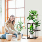 4 Tier Plant Stand Indoor, Thickened Metal Wood Corner Plant Shelf Stands for Multiple Plants, Indoor Tall Plants Stand Tiered Flower Holder for Living Room Patio Garden Balcony(Black+Oak)