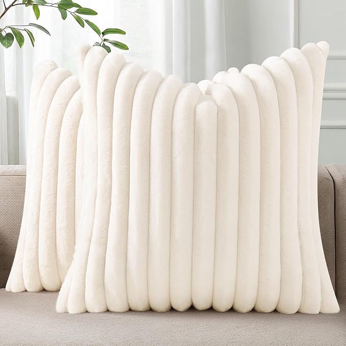 Pallene Faux Fur Plush Spring Throw Pillow Covers 24x24 Set of 2, Luxury Soft Fluffy Striped Decorative Pillow Covers for Sofa, Couch, Living Room, Cream White