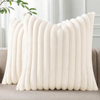 Pallene Faux Fur Plush Spring Throw Pillow Covers 26x26 Set of 2, Luxury Soft Fluffy Striped Decorative Pillow Covers for Sofa, Couch, Living Room, Cream White