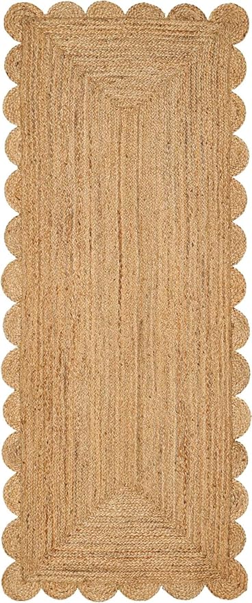 MDS 1 PC Handwoven Braided Jute Area Rug 2ft x 10ft Rectangle Scalloped Edge, 100% Natural Jute Rustic Farmhouse Reversible Accent Rug for Bedroom Living Room Hallway Entryway Kitchen (2' x 10')