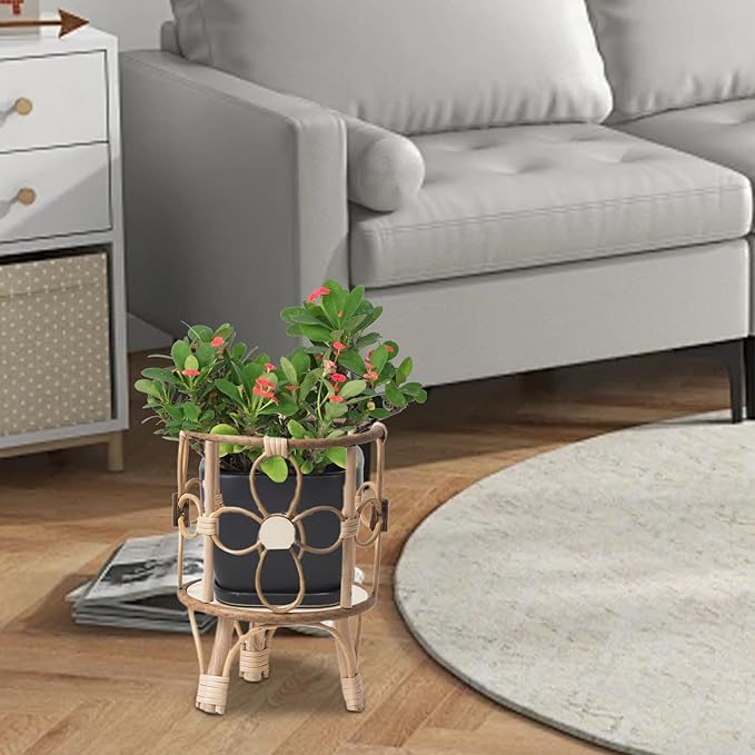 Rattan Plant Stand - 28x21x20cm, ABS Wood, Natural Brown, Hollow Stool Shelf, Pot Holder, Rustic Display Rack | Indoor Outdoor Boho Style Balcony Patio Living Room Decorative Flower Stand