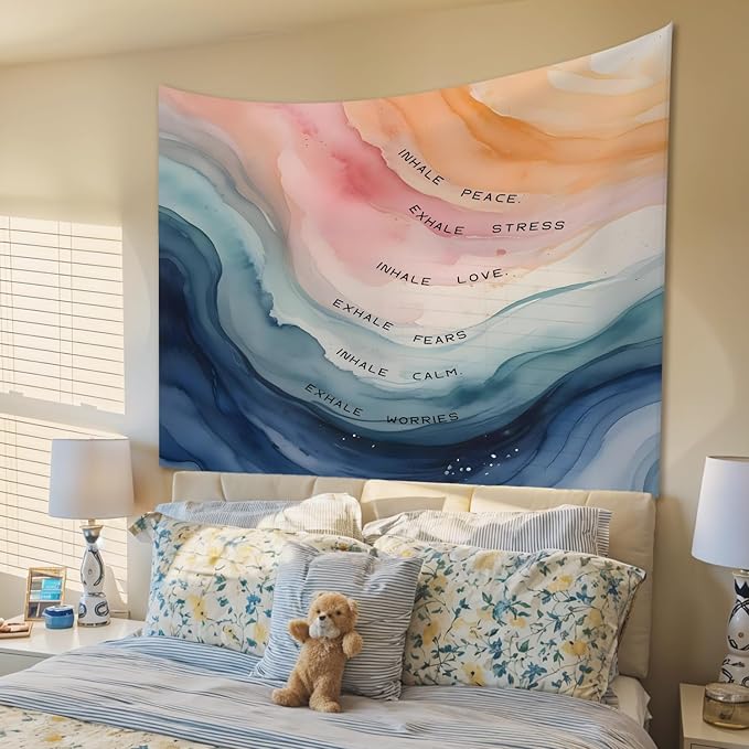 STHTTSW Mental Health Classroom Tapestry, Inhale Exhale Tapestries Wall Blanket, Motivational Wall Hanging Decor for Home Classroom School Counselor Therapy Office, 50x60 Inch