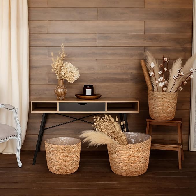 3 Pack Seagrass Plant Basket Indoor with Artificial Moss 3 Sizes Woven Baskets Flower Pots Planters for Home Decor