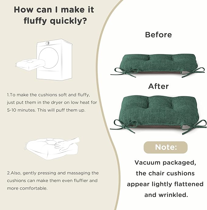 AddGrace Chair Cushions for Dining Chairs Set of 2 Kitchen Seat Cushions with Ties and Non Slip Backing Tufted Indoor Seat Pad for Kitchen Dining Room 18" x 17" x 3" Dark Green
