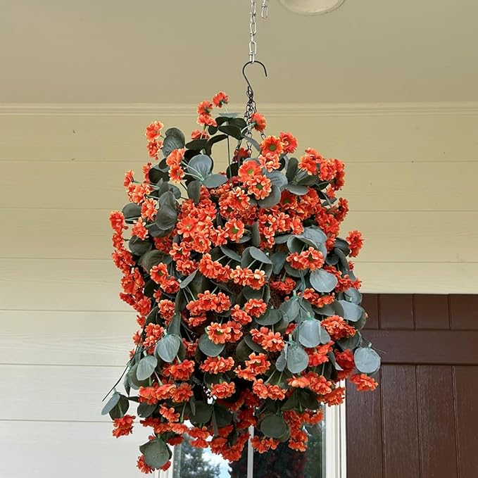 Hanging Baskets Artificial Flowers for Outdoor Interior Decor, Artificial Daisies Flowers Shrubs Plants with Baskets for Home Porch Garden Patio Patio Spring Summer Decor(Orange)