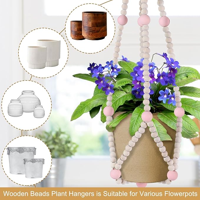 Hotfiary Plant Hanger Indoor Hanging Plant Holder Hang Planter Basket Wood Bead Decorative Flower Pot Holders Boho Farmhouse Rustic Decor Indoor Outdoor (Pot Not Included)